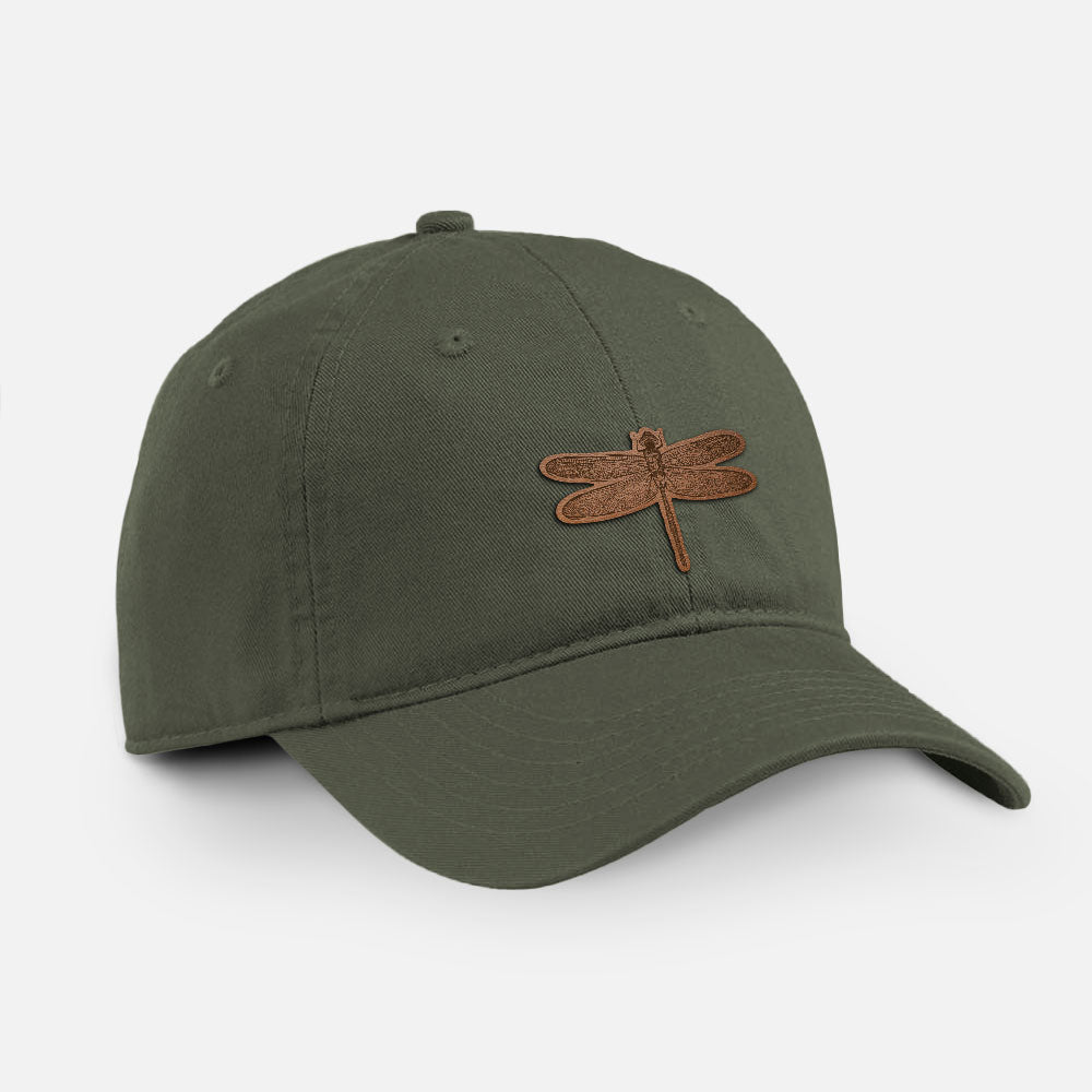 Olive cotton baseball hat with a detailed engraving of a dragonfly with patterned wings on the front.