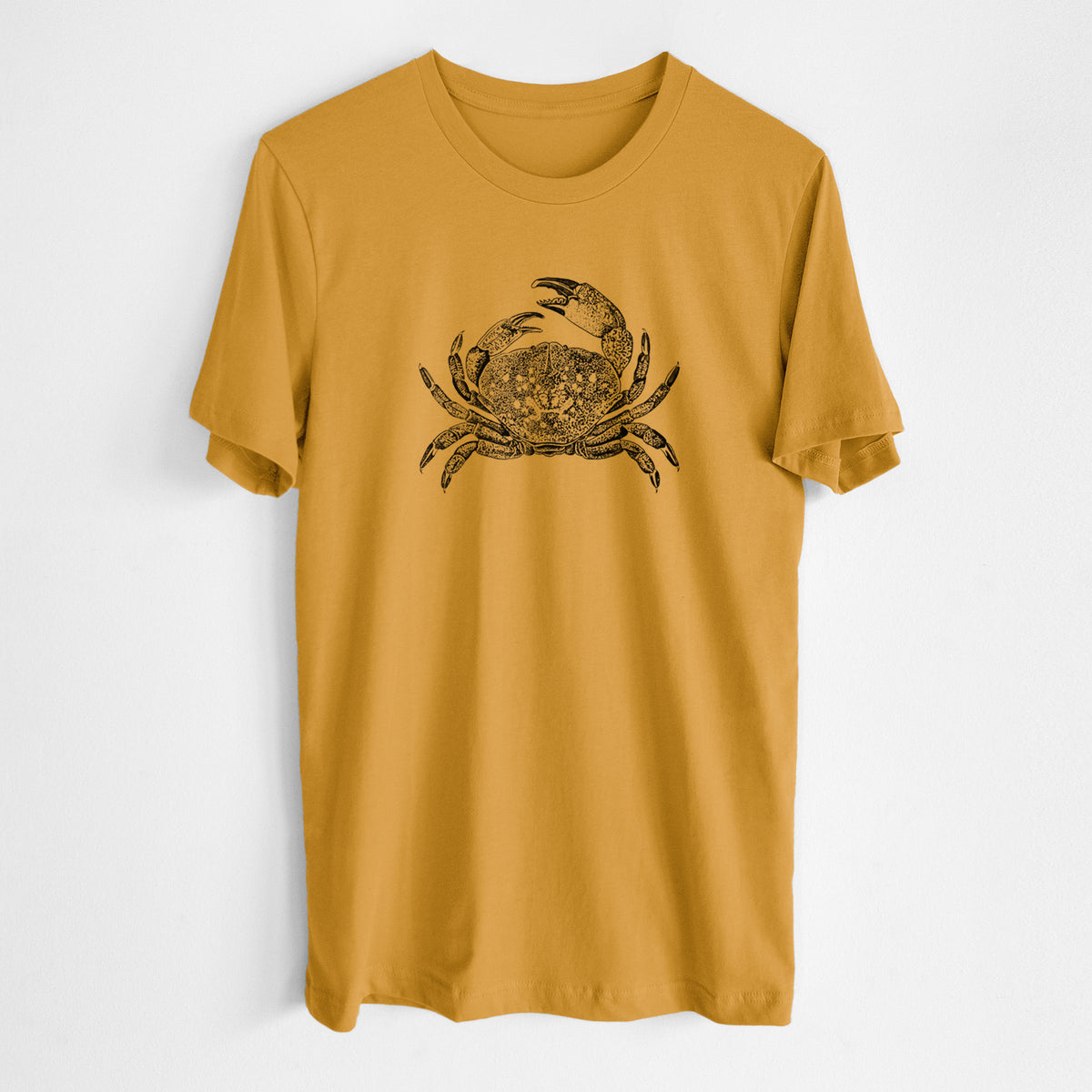 Honeycomb yellow lightweight cotton t-shirt laid flat, printed with a detailed black ink illustration of a Dungeness crab with claws raised, seen from above.
