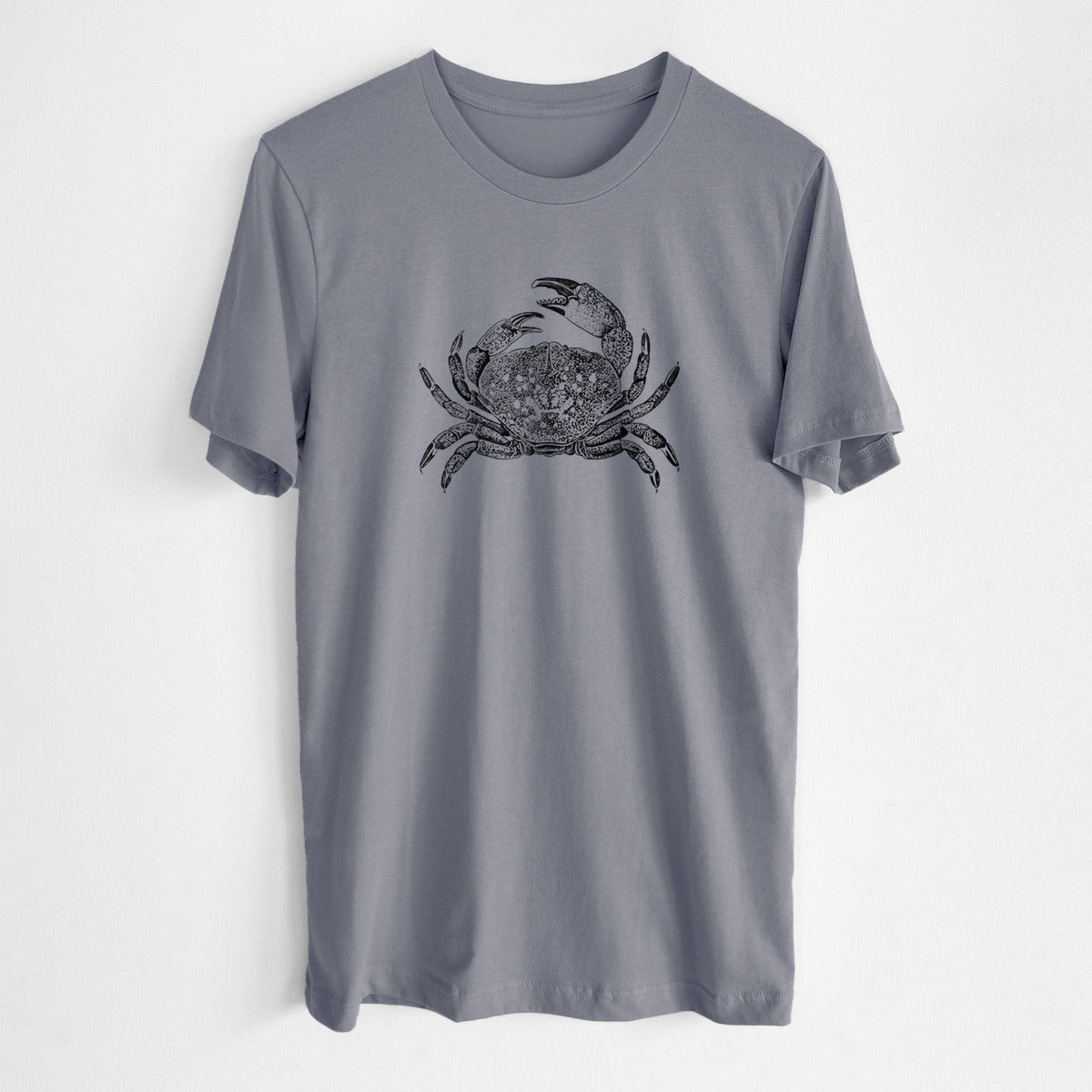 Storm grey lightweight cotton t-shirt laid flat, printed with a detailed black ink illustration of a Dungeness crab with claws raised, seen from above.
