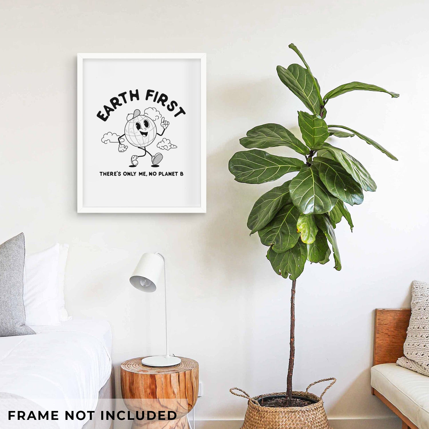 Art print of a cheerful cartoon Earth running, with the words Earth First and There's Only Me, No Planet B, shown with eucalyptus leaves.