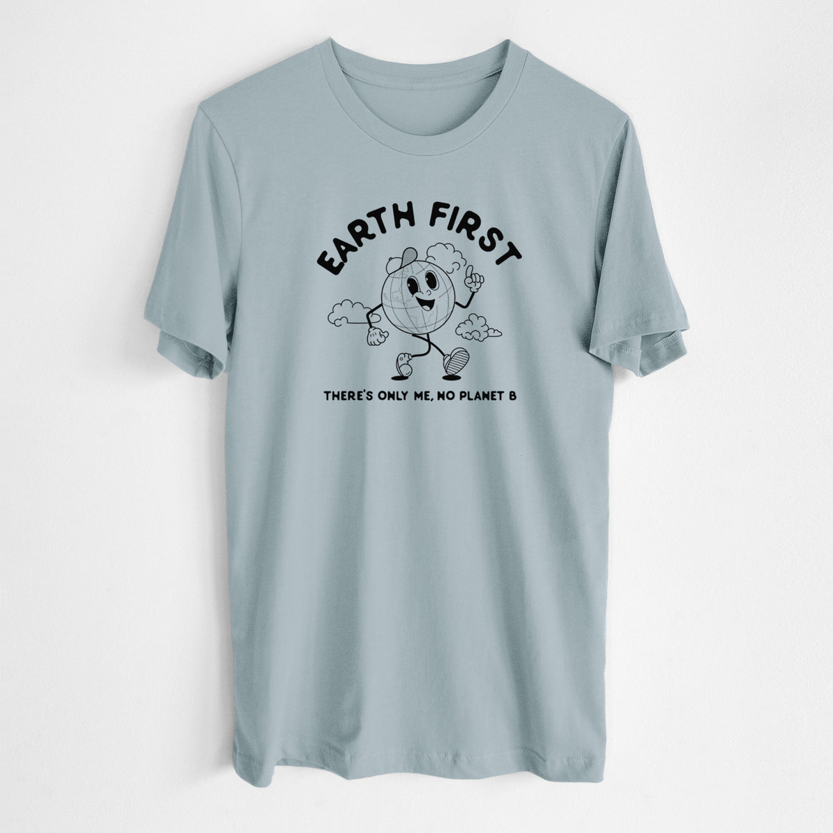 Vintage denim lightweight cotton t-shirt laid flat, printed with a cheerful cartoon Earth running, with the words Earth First and There's Only Me, No Planet B.