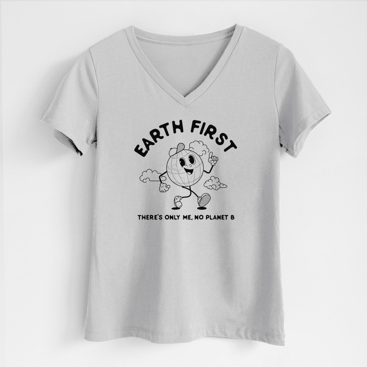 Lunar grey women's relaxed fit cotton V-neck t-shirt laid flat, printed with a cheerful cartoon Earth running, with the words Earth First and There's Only Me, No Planet B.