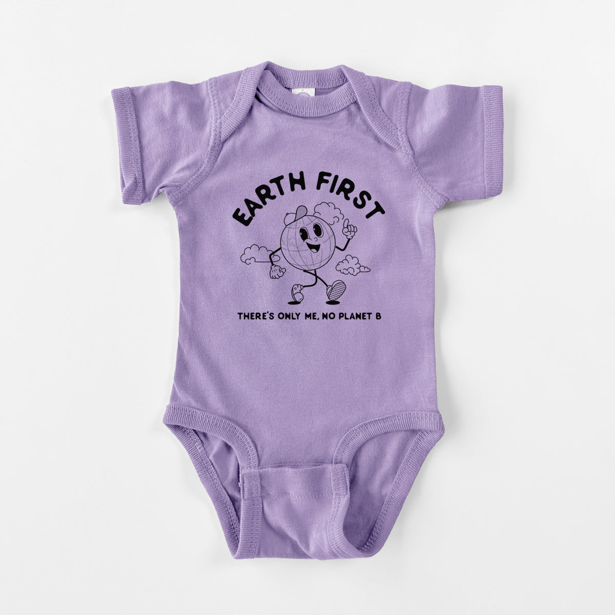 Lavender baby bodysuit laid flat, printed with a cheerful cartoon Earth running, with the words Earth First and There's Only Me, No Planet B.