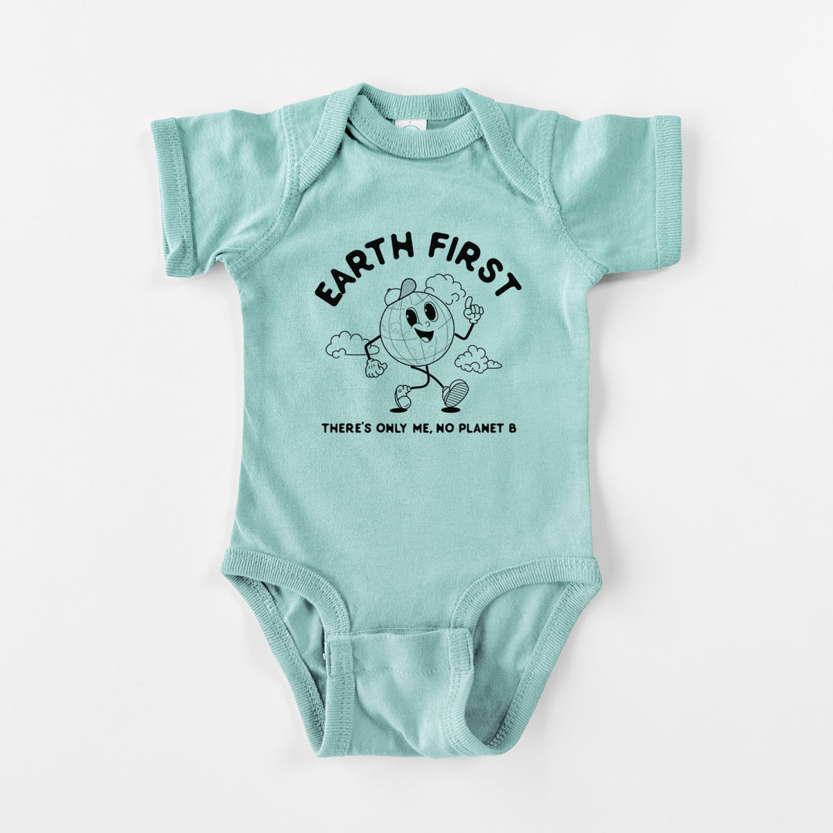 Saltwater baby bodysuit laid flat, printed with a cheerful cartoon Earth running, with the words Earth First and There's Only Me, No Planet B.