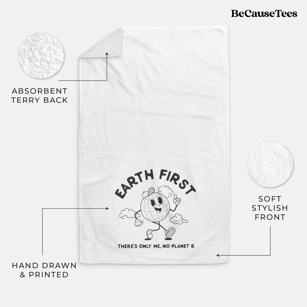 White hand towel printed with a cheerful cartoon Earth running, with the words Earth First and There's Only Me, No Planet B.