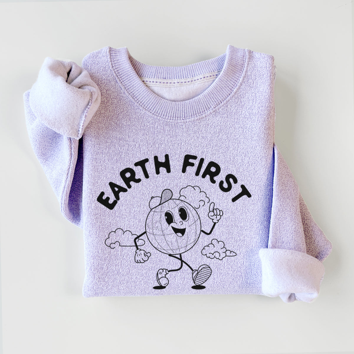 Ice purple knit sweatshirt printed with a cheerful cartoon Earth running, with the words Earth First and There's Only Me, No Planet B, styled flat.