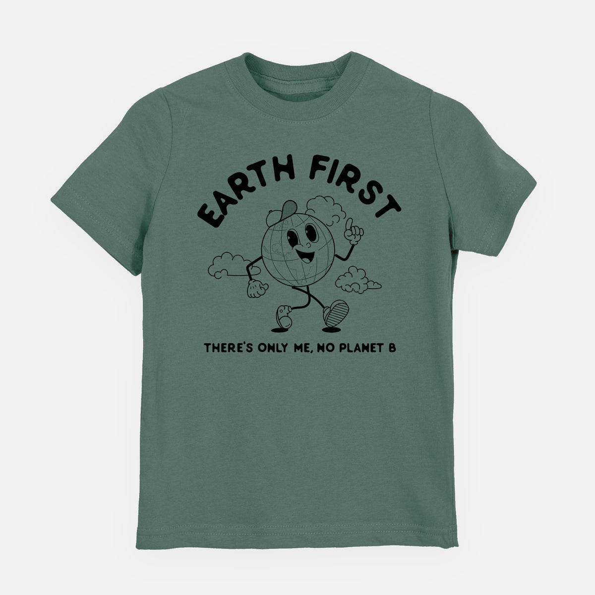 Basil green youth t-shirt laid flat, printed with a cheerful cartoon Earth running, with the words Earth First and There's Only Me, No Planet B.