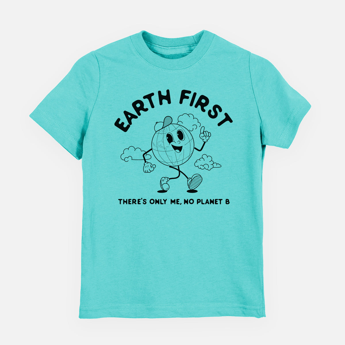 Caribbean blue youth t-shirt laid flat, printed with a cheerful cartoon Earth running, with the words Earth First and There's Only Me, No Planet B.