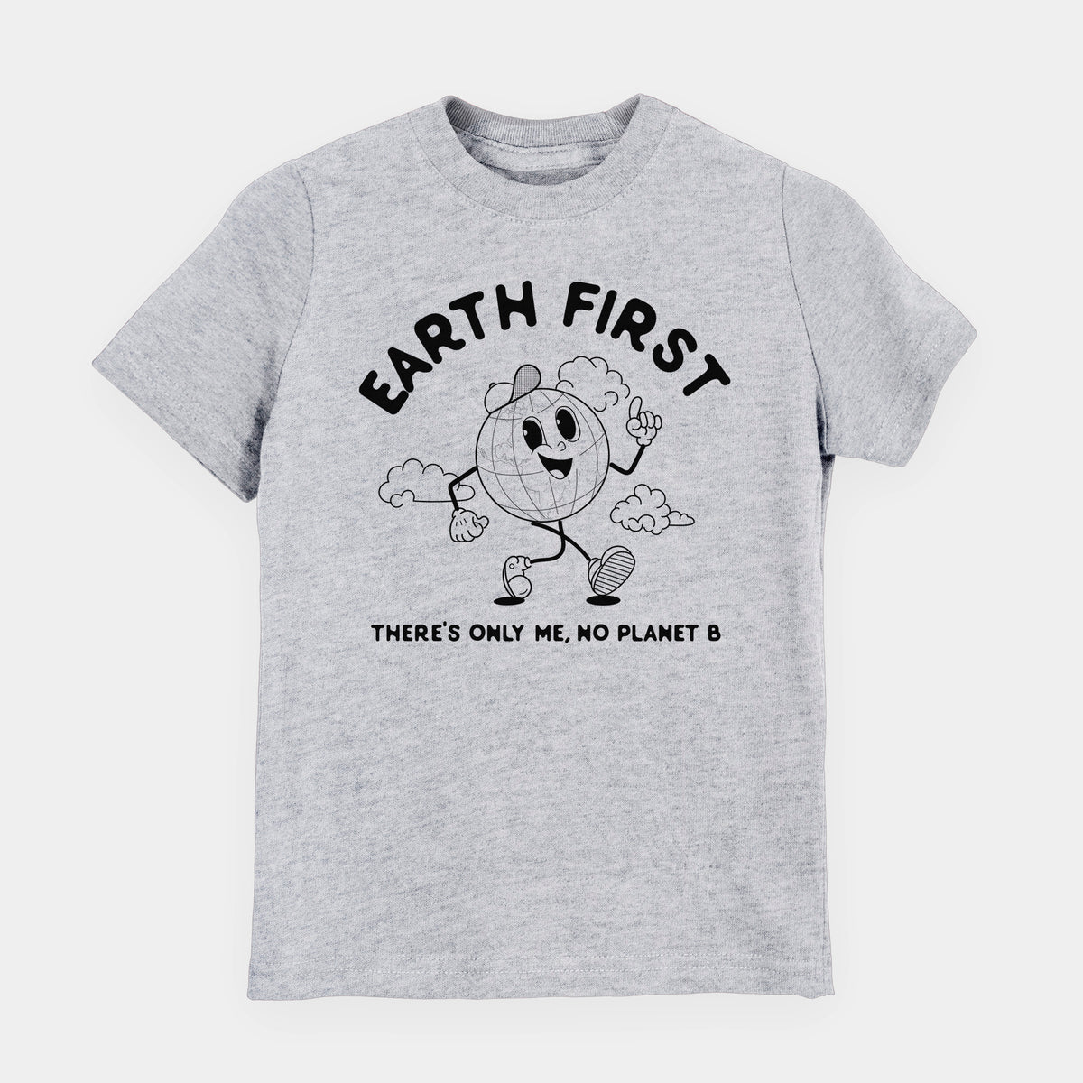 Heather grey youth t-shirt laid flat, printed with a cheerful cartoon Earth running, with the words Earth First and There's Only Me, No Planet B.