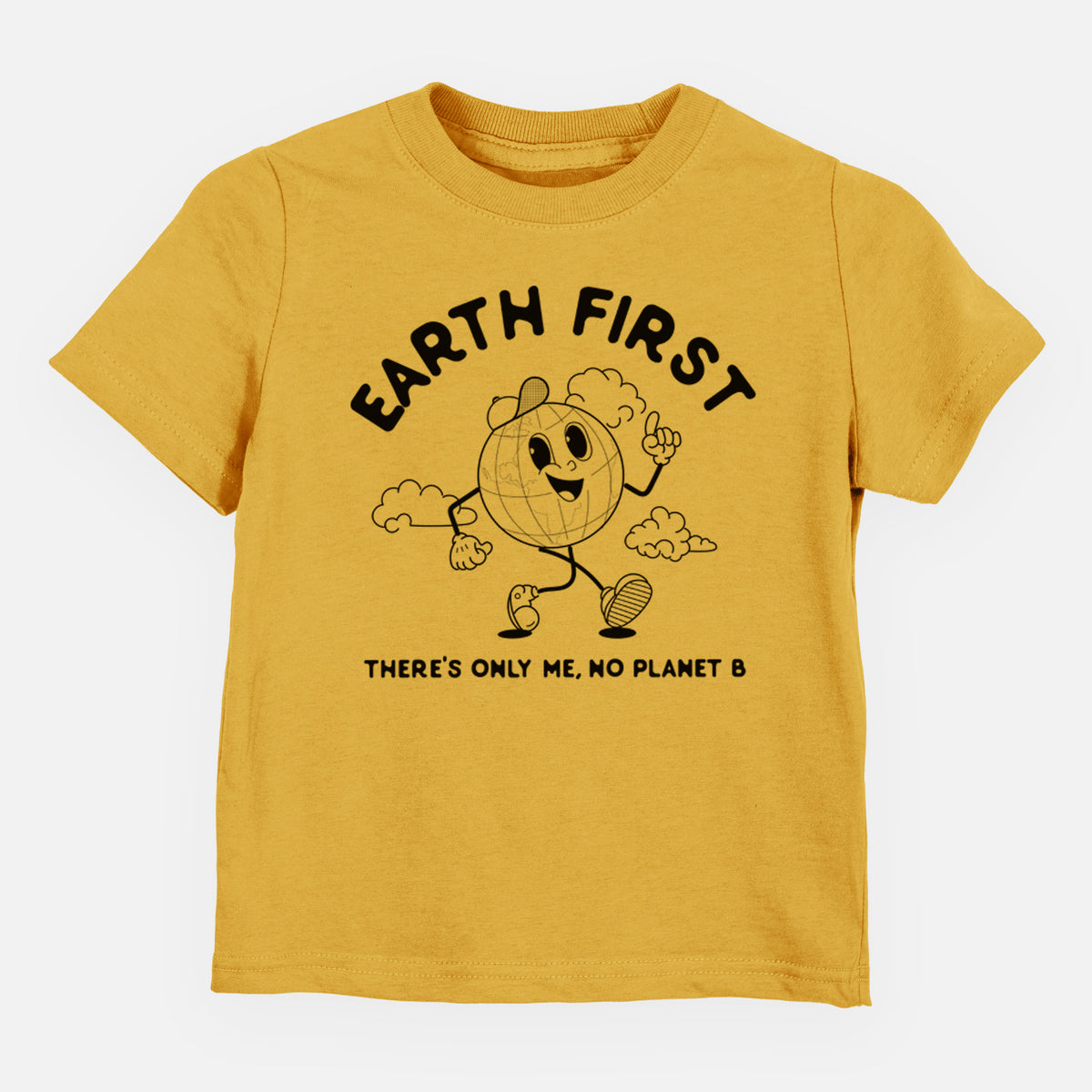 Honeycomb yellow toddler t-shirt laid flat, printed with a cheerful cartoon Earth running, with the words Earth First and There's Only Me, No Planet B.