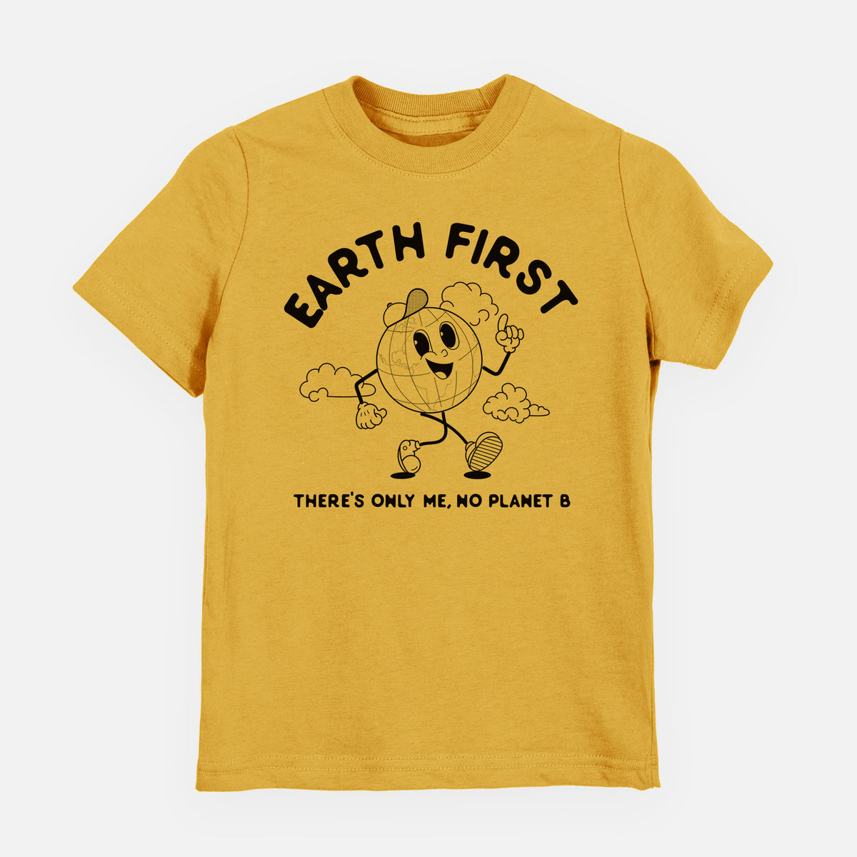 Honeycomb yellow youth t-shirt laid flat, printed with a cheerful cartoon Earth running, with the words Earth First and There's Only Me, No Planet B.