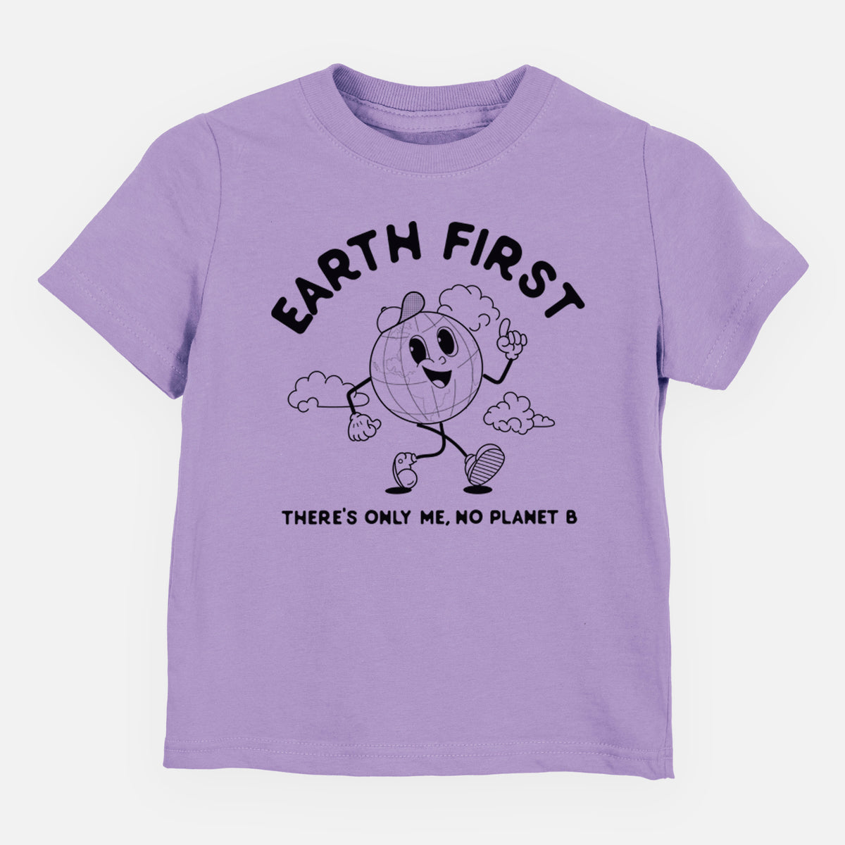 Lavender toddler t-shirt laid flat, printed with a cheerful cartoon Earth running, with the words Earth First and There's Only Me, No Planet B.