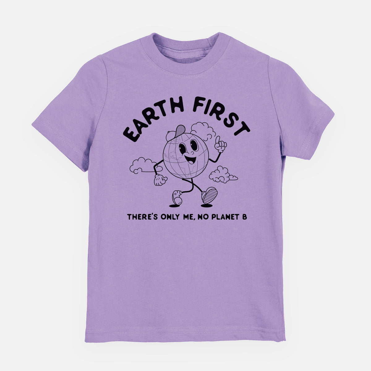 Lavender youth t-shirt laid flat, printed with a cheerful cartoon Earth running, with the words Earth First and There's Only Me, No Planet B.