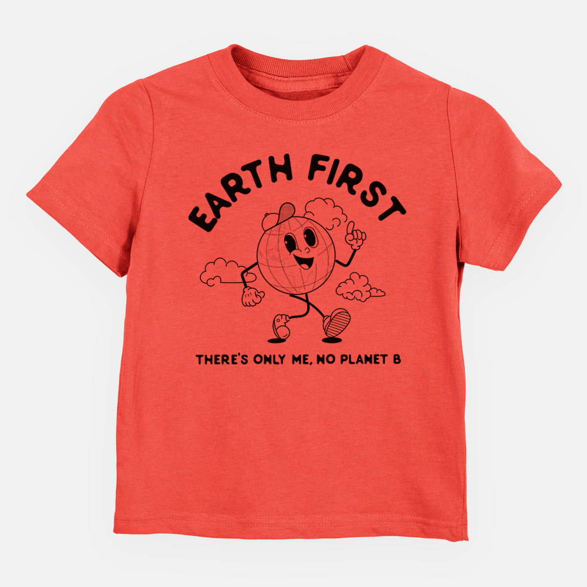 Passionfruit pink toddler t-shirt laid flat, printed with a cheerful cartoon Earth running, with the words Earth First and There's Only Me, No Planet B.