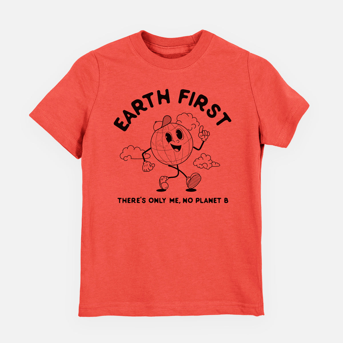Passionfruit pink youth t-shirt laid flat, printed with a cheerful cartoon Earth running, with the words Earth First and There's Only Me, No Planet B.
