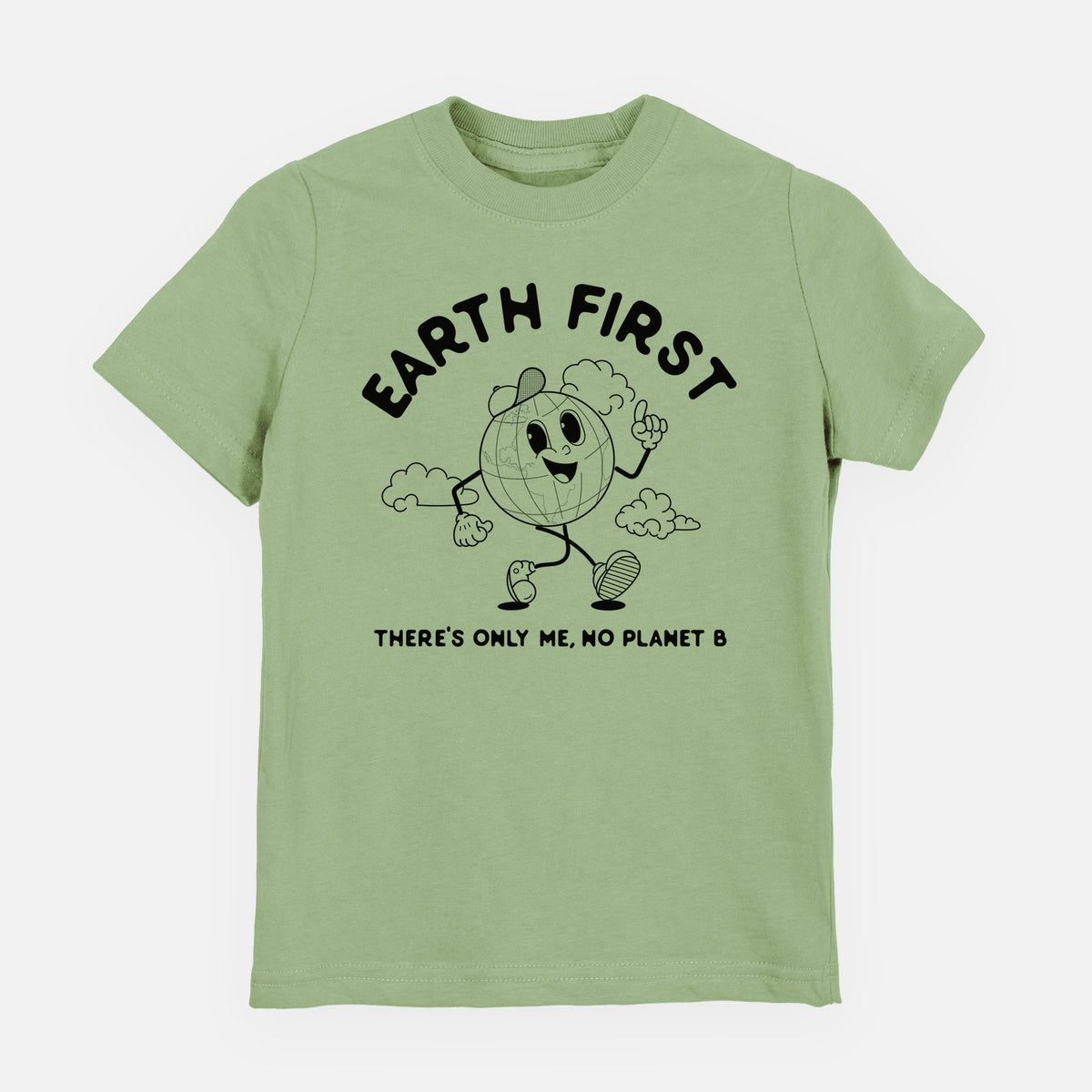 Sage green youth t-shirt laid flat, printed with a cheerful cartoon Earth running, with the words Earth First and There's Only Me, No Planet B.