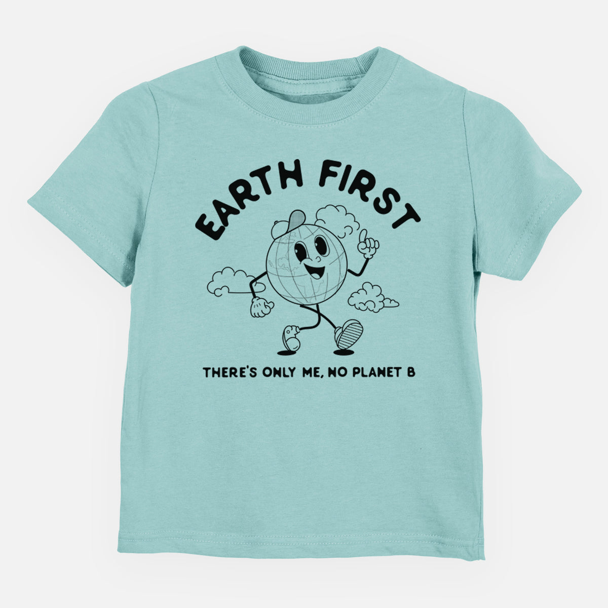 Saltwater toddler t-shirt laid flat, printed with a cheerful cartoon Earth running, with the words Earth First and There's Only Me, No Planet B.