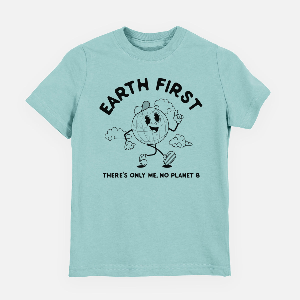 Saltwater youth t-shirt laid flat, printed with a cheerful cartoon Earth running, with the words Earth First and There's Only Me, No Planet B.
