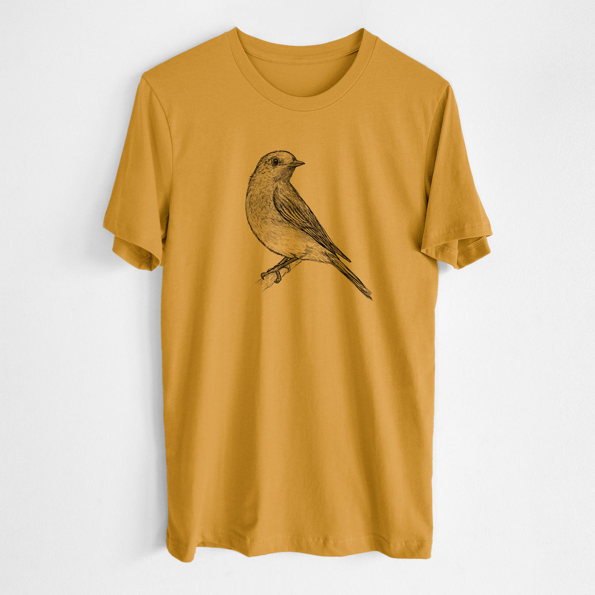 Honeycomb yellow lightweight cotton t-shirt laid flat, printed with a detailed black ink sketch of an eastern bluebird perched on a branch.