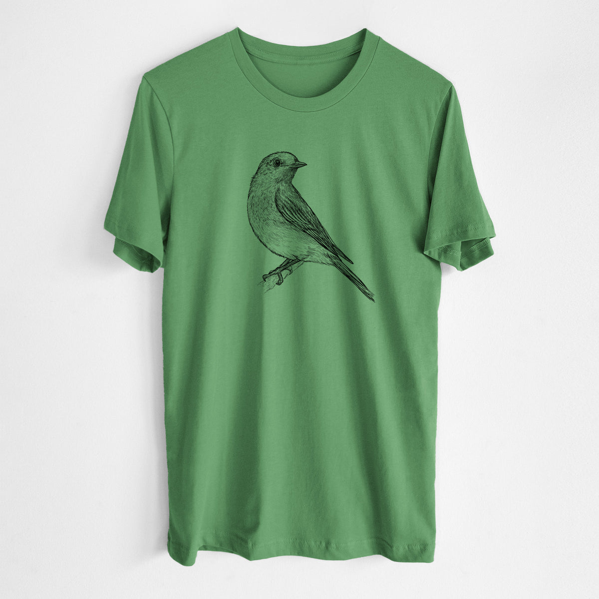 Leaf green lightweight cotton t-shirt laid flat, printed with a detailed black ink sketch of an eastern bluebird perched on a branch.