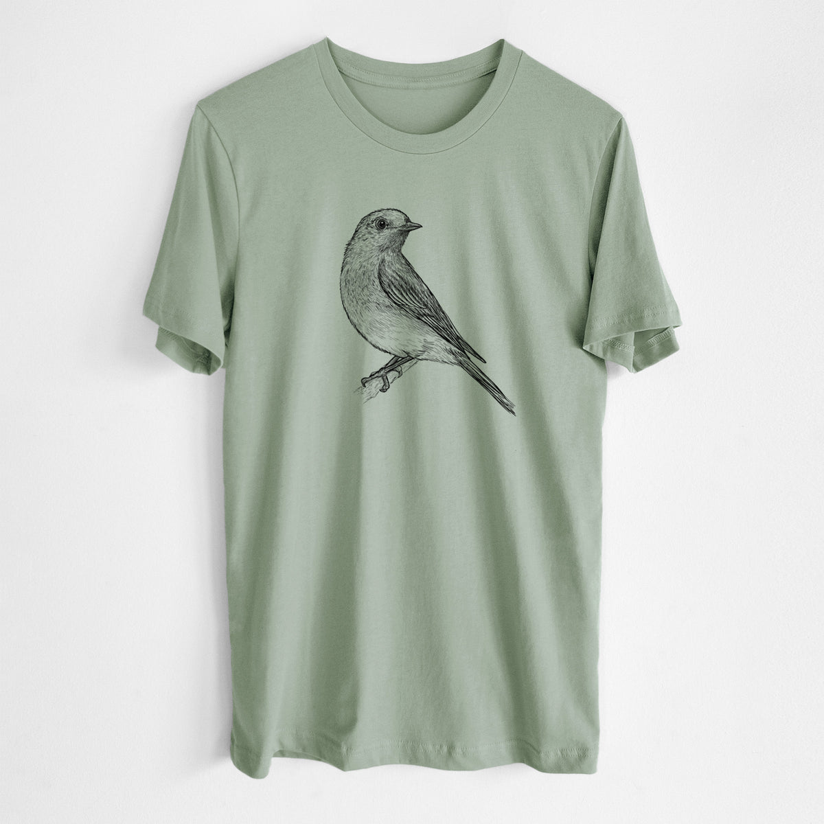 Sage green lightweight cotton t-shirt laid flat, printed with a detailed black ink sketch of an eastern bluebird perched on a branch.