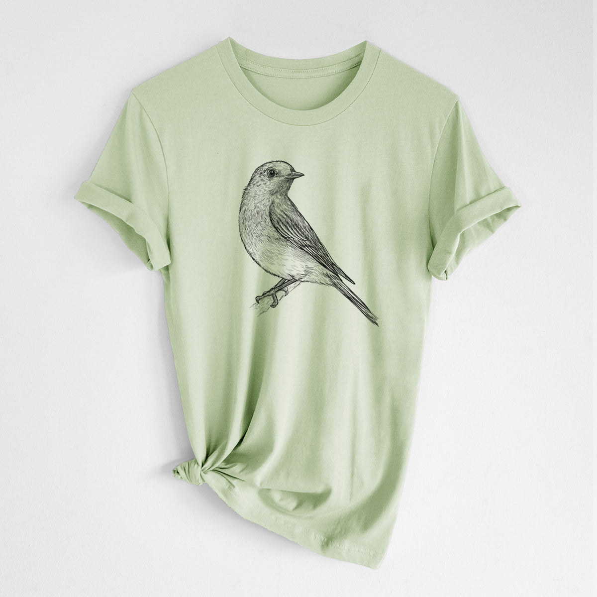Spring green lightweight cotton t-shirt laid flat with the sleeves rolled, printed with a detailed black ink sketch of an eastern bluebird perched on a branch.