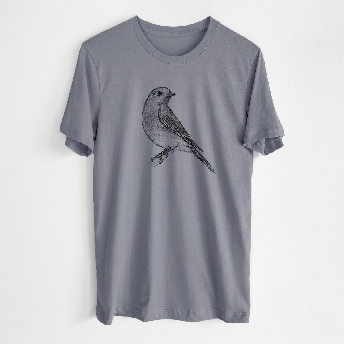 Storm grey lightweight cotton t-shirt laid flat, printed with a detailed black ink sketch of an eastern bluebird perched on a branch.