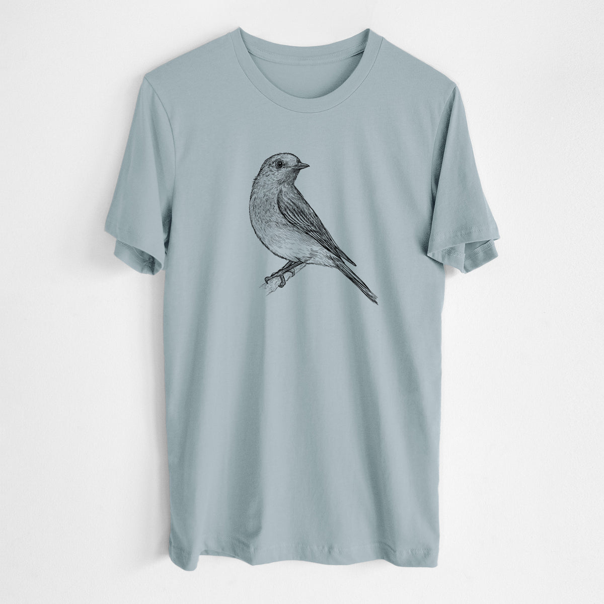 Vintage denim lightweight cotton t-shirt laid flat, printed with a detailed black ink sketch of an eastern bluebird perched on a branch.