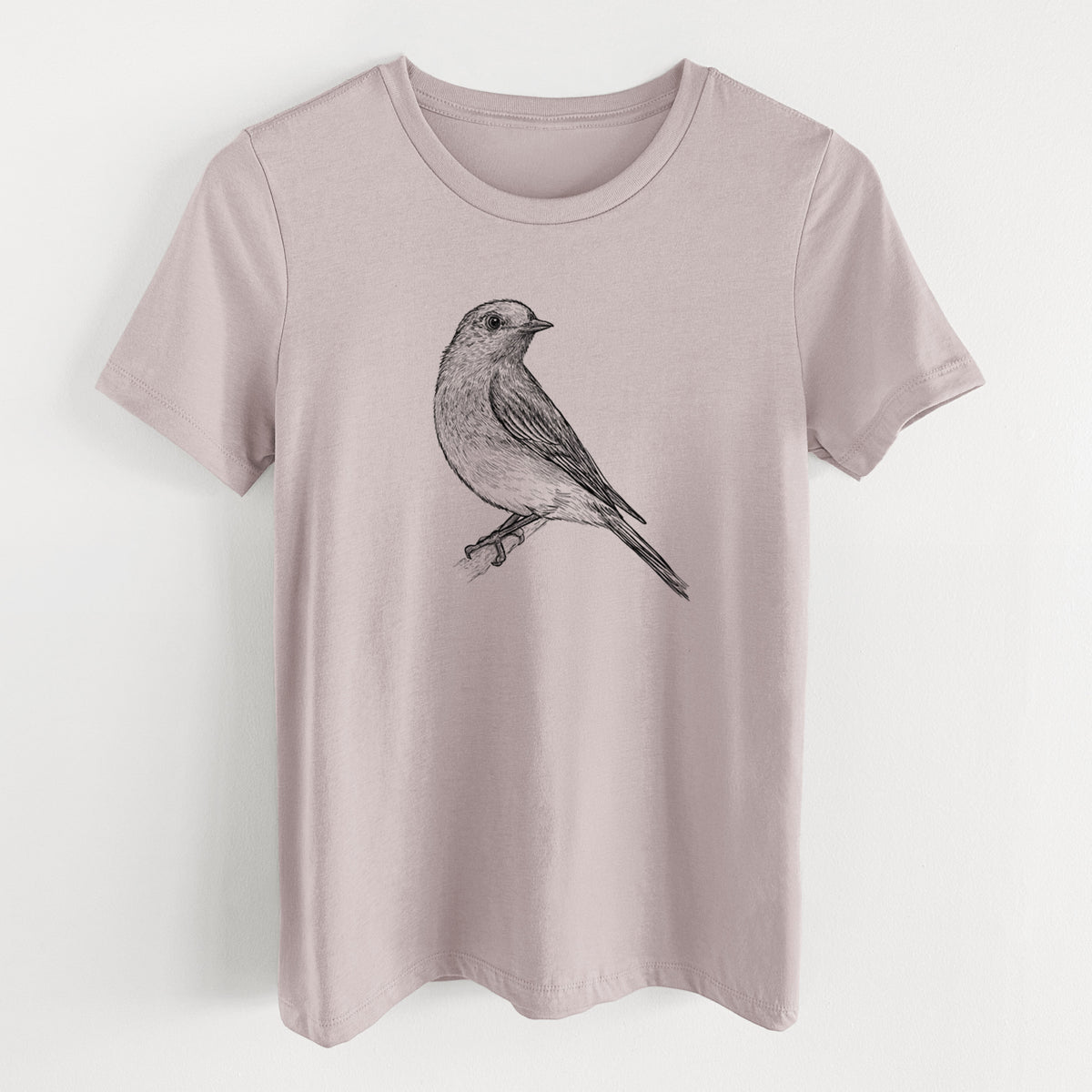 Pink gravel women's relaxed fit cotton t-shirt laid flat, printed with a detailed black ink sketch of an eastern bluebird perched on a branch.