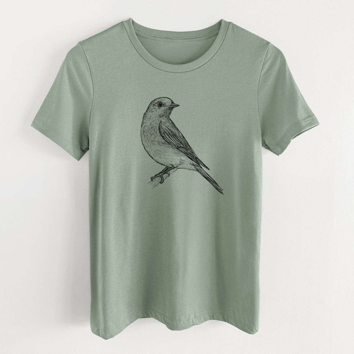 Sage green women's relaxed fit cotton t-shirt laid flat, printed with a detailed black ink sketch of an eastern bluebird perched on a branch.