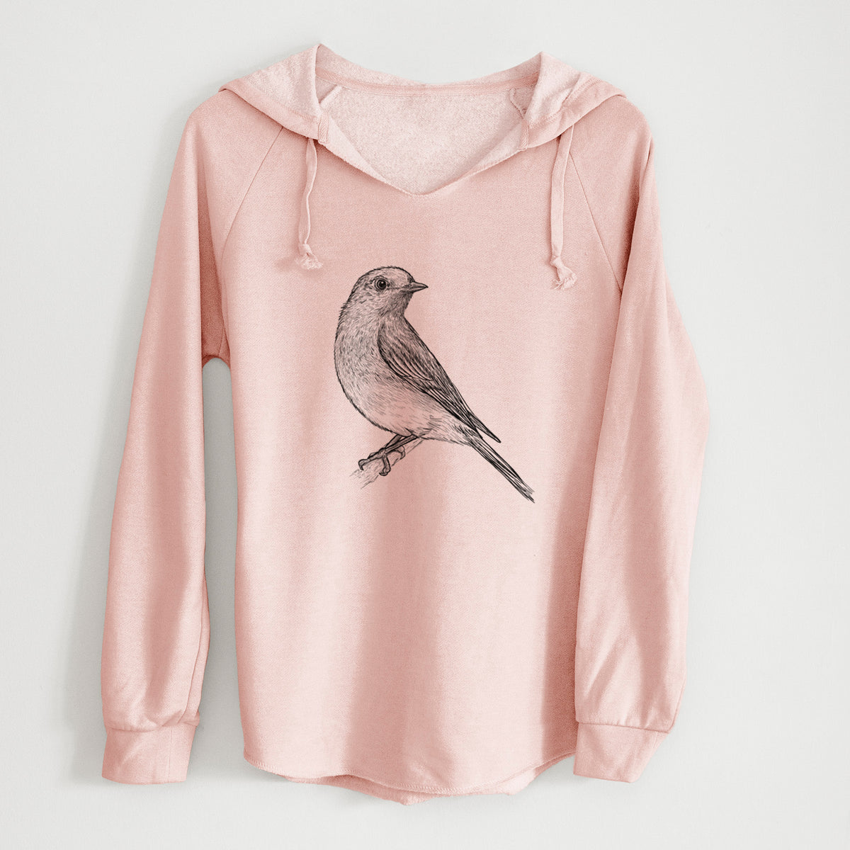 Blush pink women's Cali Wave hooded sweatshirt laid flat, printed with a detailed black ink sketch of an eastern bluebird perched on a branch.