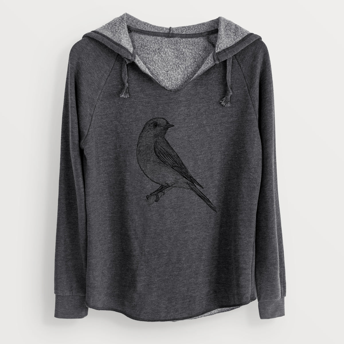 Charcoal grey women's Cali Wave hooded sweatshirt laid flat, printed with a detailed black ink sketch of an eastern bluebird perched on a branch.