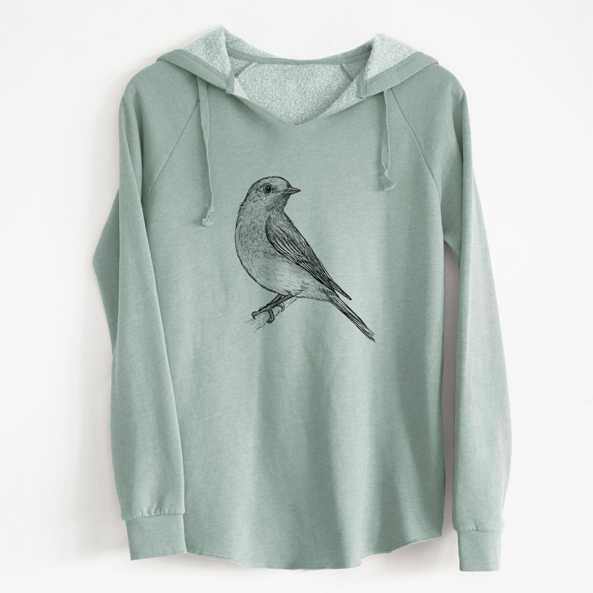 Sage green women's Cali Wave hooded sweatshirt laid flat, printed with a detailed black ink sketch of an eastern bluebird perched on a branch.