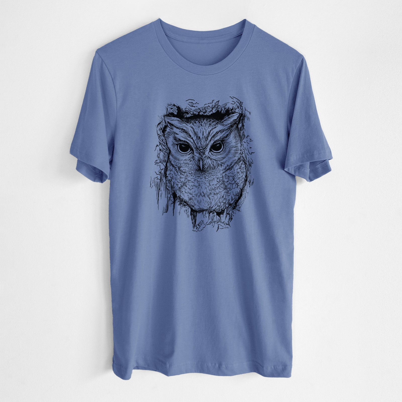 Blue bell lightweight cotton t-shirt laid flat, printed with a detailed black ink portrait of an eastern screech owl with its ear tufts raised.