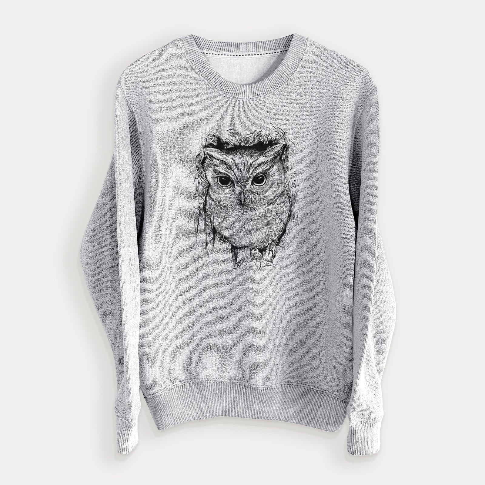 Salt and pepper knit sweatshirt laid flat, printed with a detailed black ink portrait of an eastern screech owl with its ear tufts raised.