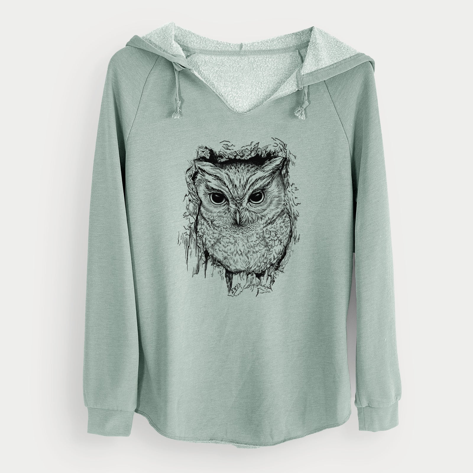 Sage green women's Cali Wave hooded sweatshirt laid flat, printed with a detailed black ink portrait of an eastern screech owl with its ear tufts raised.