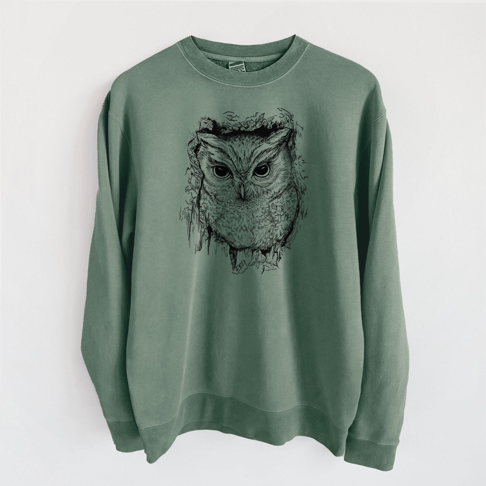 Eastern Screech Owl - Megascops asio - Unisex Pigment Dyed Crew Sweatshirt in Alpine Green