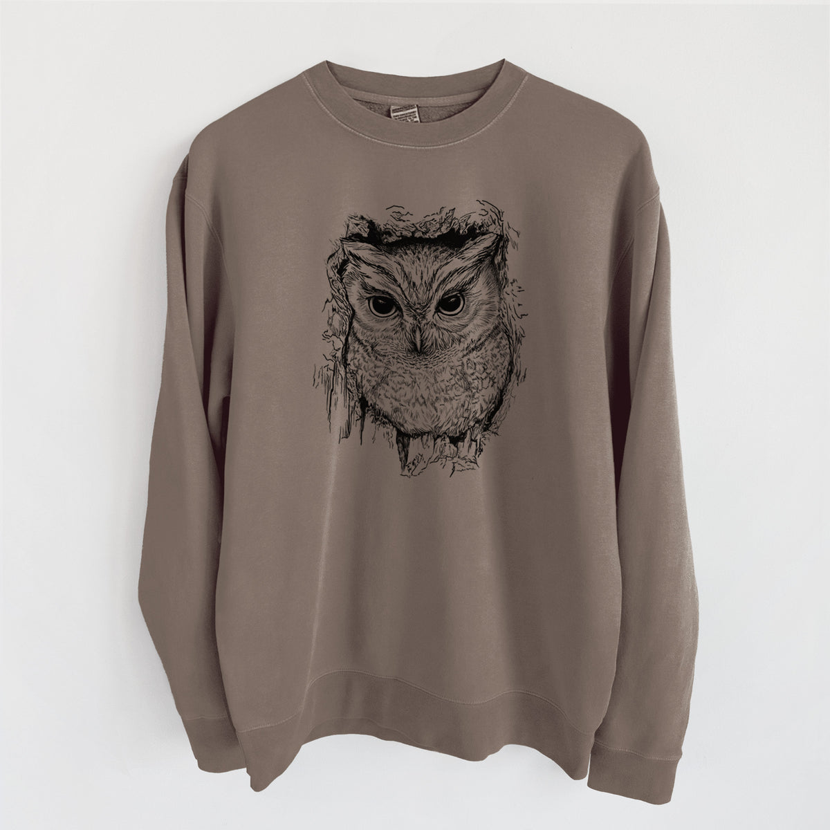 Eastern Screech Owl - Megascops asio - Unisex Pigment Dyed Crew Sweatshirt in Espresso Brown Color