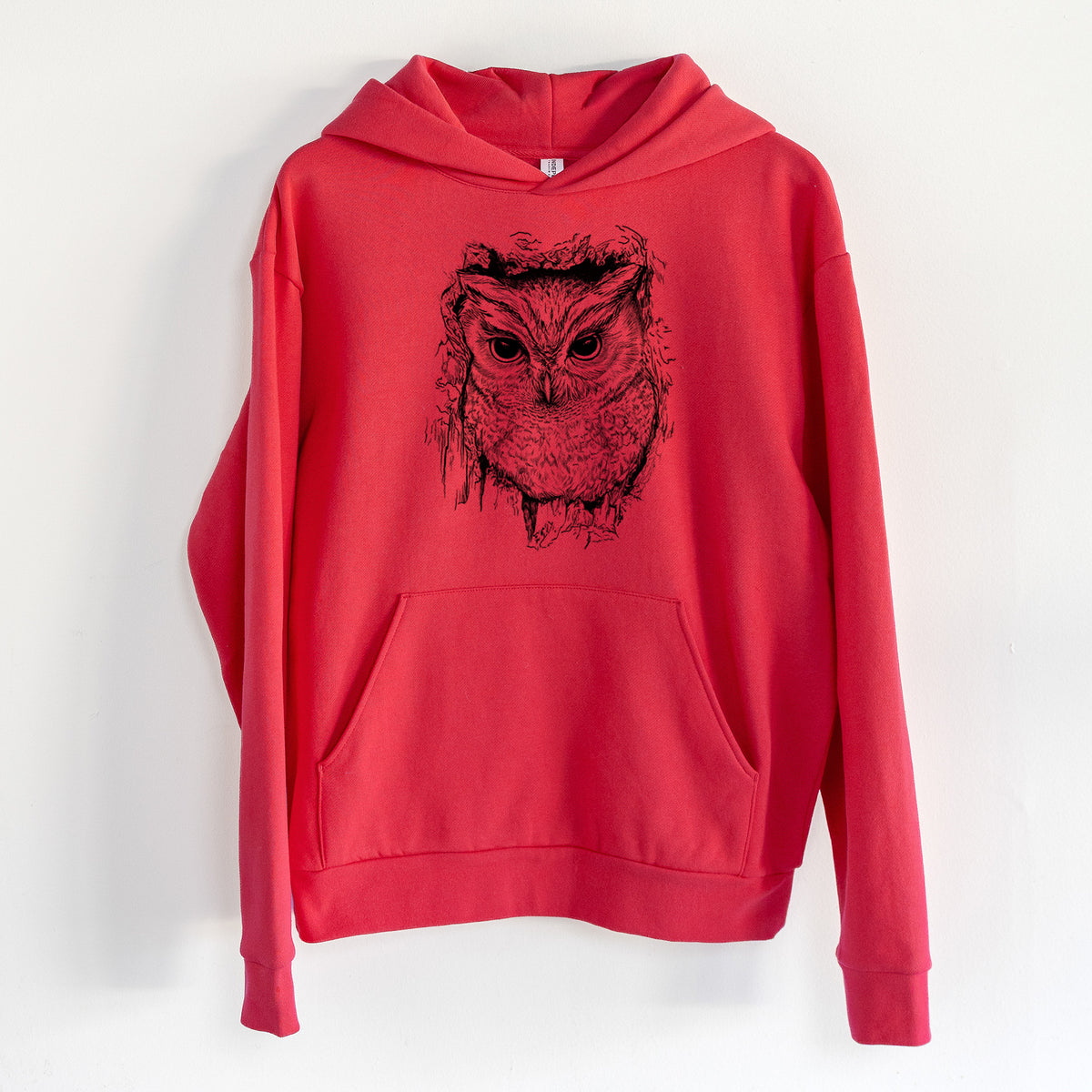 Eastern Screech Owl - Megascops asio - Statement Midweight Hoodie in Cherry Red, hanging on a white wall, with a front kangaroo pocket and no drawcords.