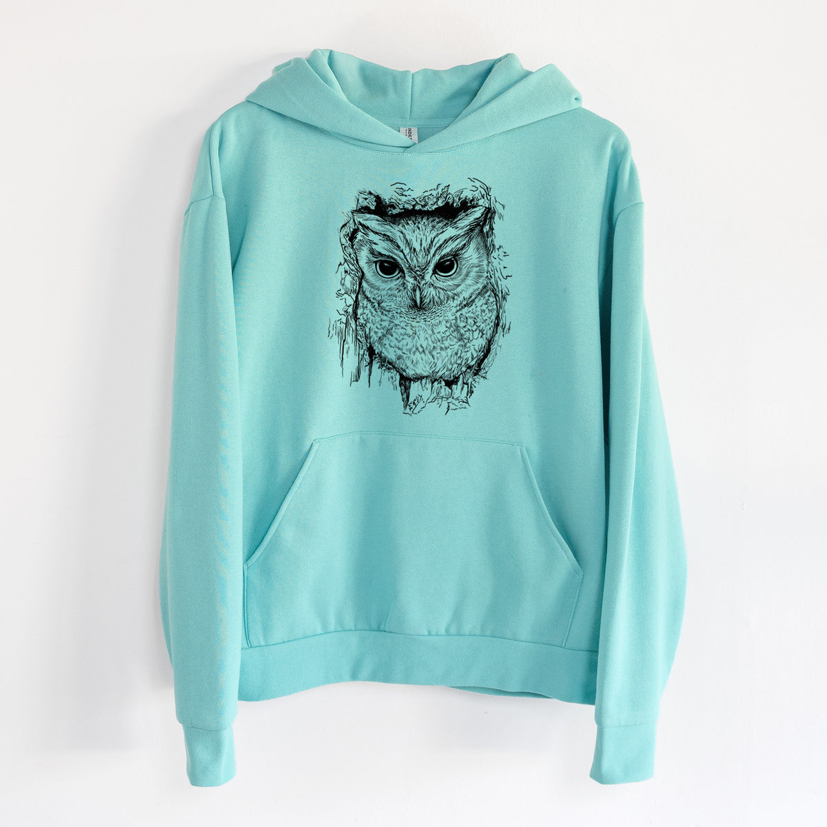 Eastern Screech Owl - Megascops asio - Statement Midweight Hoodie in Seafoam, hanging on a white wall, with a front kangaroo pocket and no drawcords.