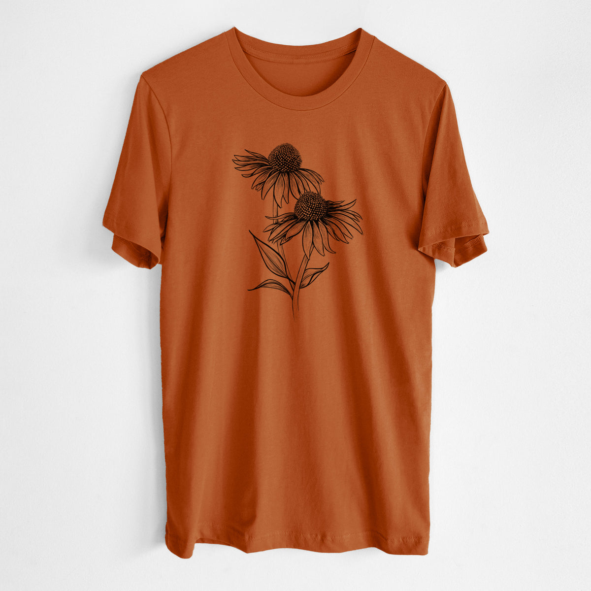 Autumn lightweight cotton t-shirt laid flat, printed with a black ink line drawing of two coneflowers on tall stems.