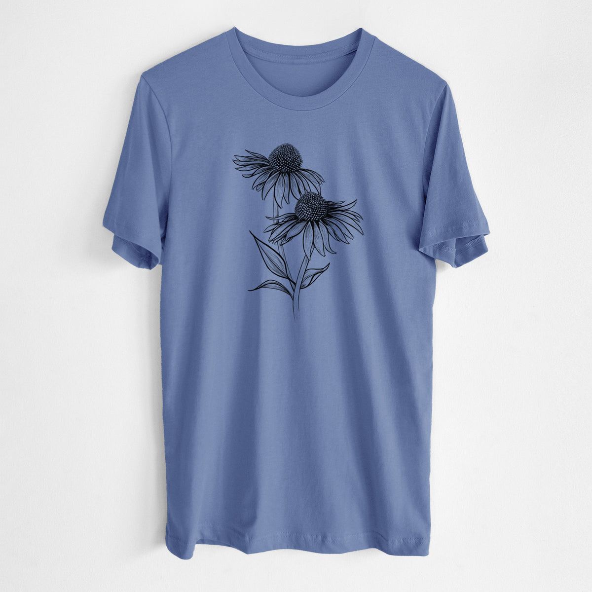 Blue bell lightweight cotton t-shirt laid flat, printed with a black ink line drawing of two coneflowers on tall stems.