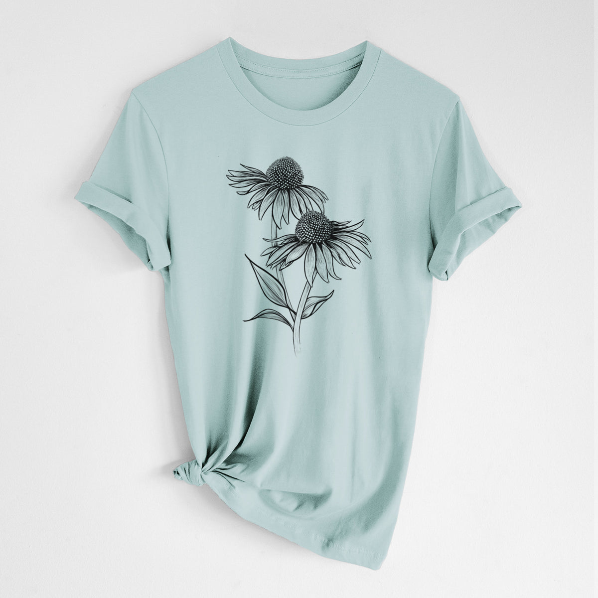 Dusty blue lightweight cotton t-shirt laid flat with the sleeves rolled, printed with a black ink line drawing of two coneflowers on tall stems.