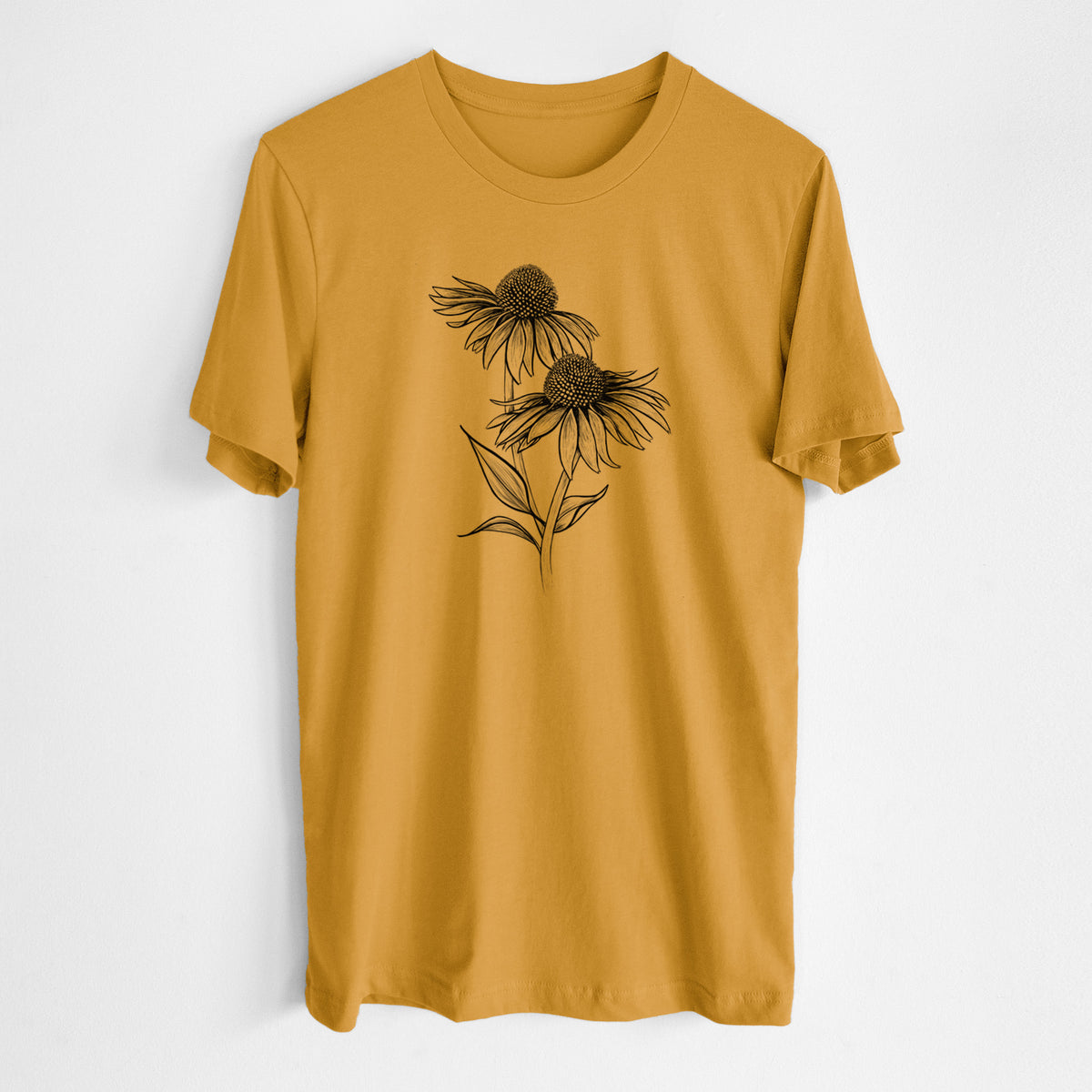 Honeycomb yellow lightweight cotton t-shirt laid flat, printed with a black ink line drawing of two coneflowers on tall stems.