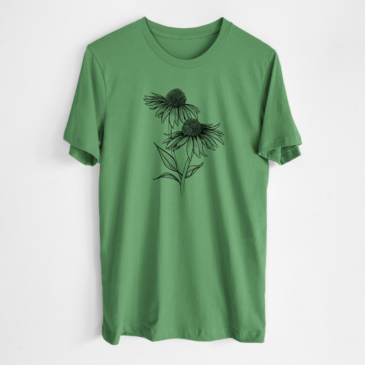 Leaf green lightweight cotton t-shirt laid flat, printed with a black ink line drawing of two coneflowers on tall stems.