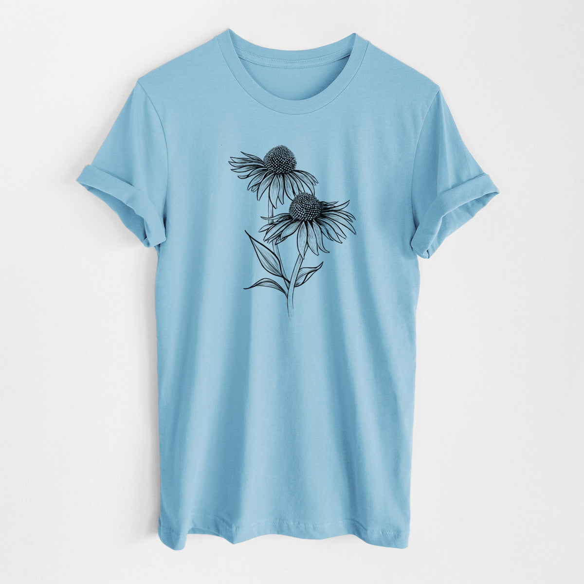 Ocean blue lightweight cotton t-shirt laid flat, printed with a black ink line drawing of two coneflowers on tall stems.