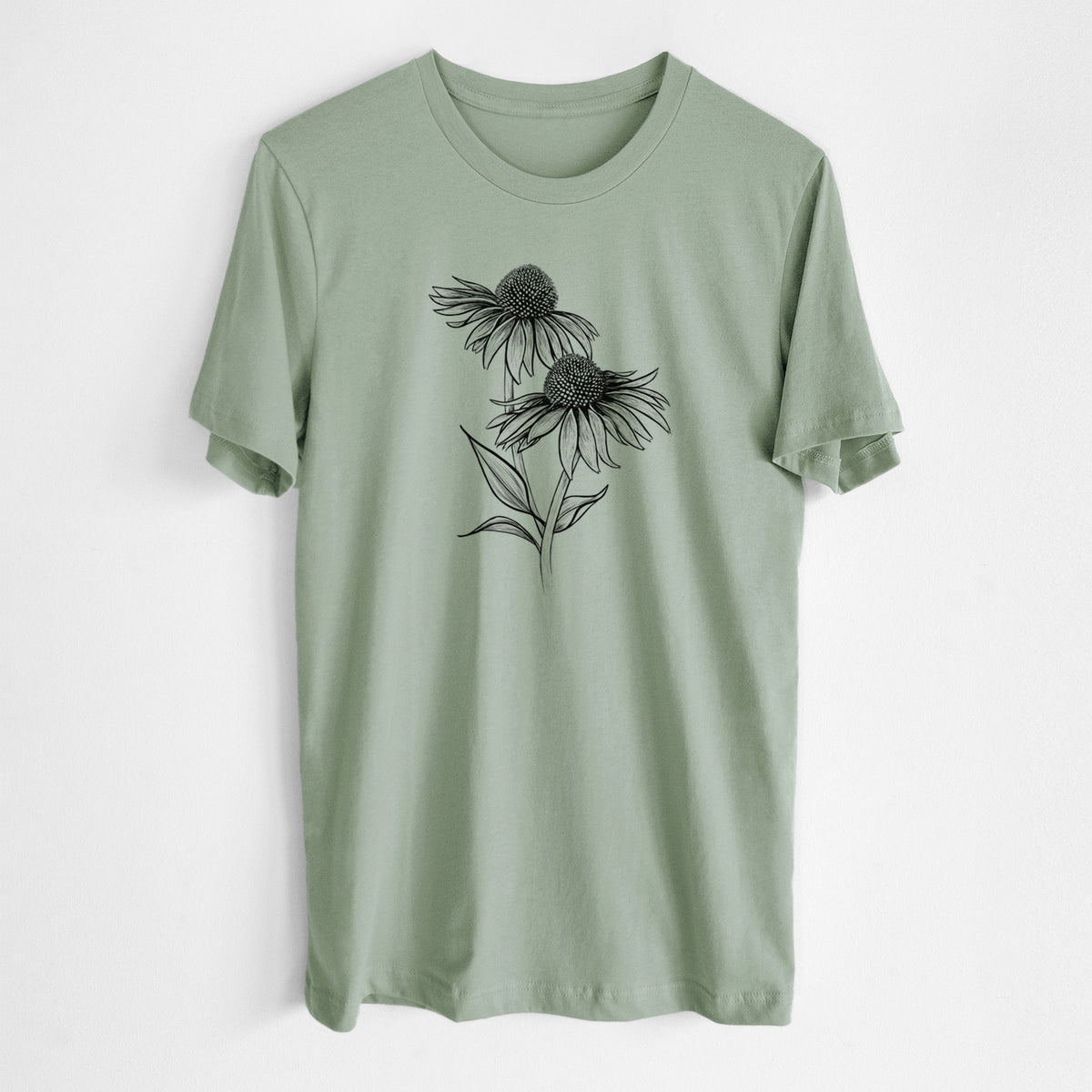 Sage green lightweight cotton t-shirt laid flat, printed with a black ink line drawing of two coneflowers on tall stems.