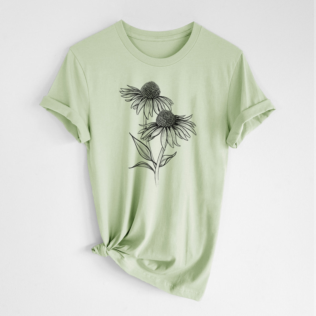 Spring green lightweight cotton t-shirt laid flat with the sleeves rolled, printed with a black ink line drawing of two coneflowers on tall stems.