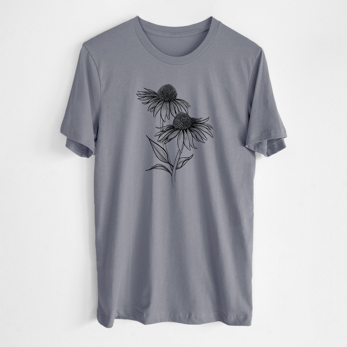 Storm grey lightweight cotton t-shirt laid flat, printed with a black ink line drawing of two coneflowers on tall stems.