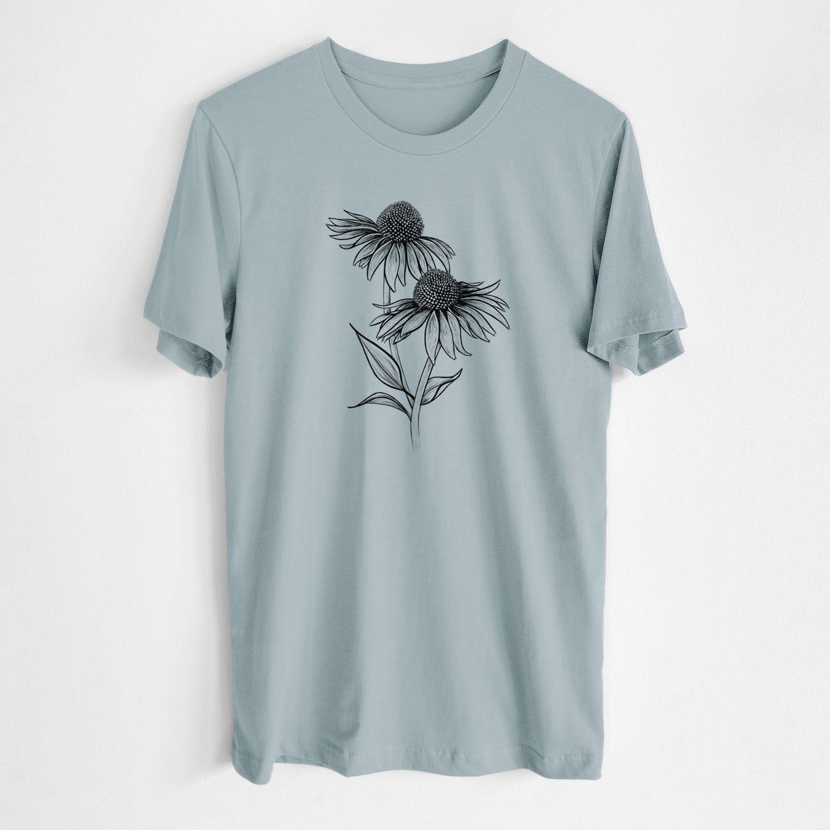 Vintage denim lightweight cotton t-shirt laid flat, printed with a black ink line drawing of two coneflowers on tall stems.